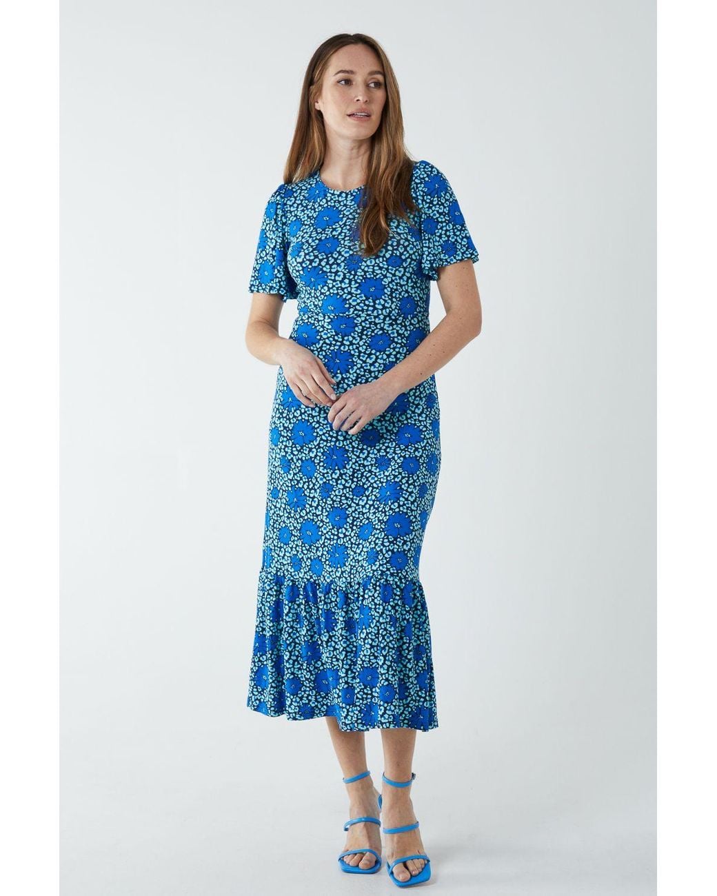 Blue Vanilla Blue Crew Neck Midi Angel Sleeve Tie Back Dress