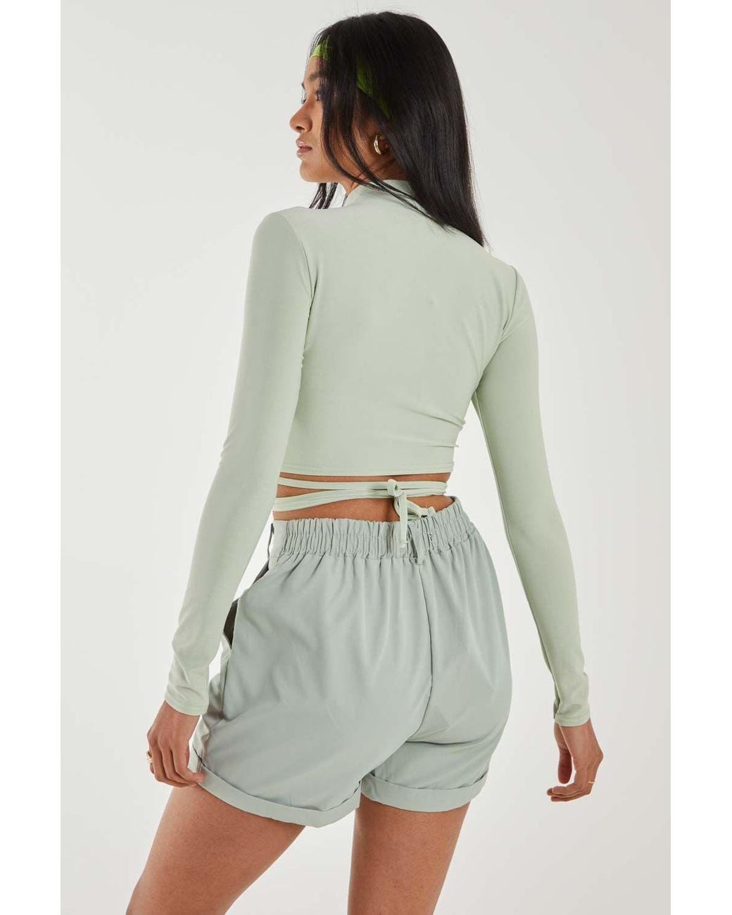 Pink Vanilla Green Keyhole Tie Front Long Sleeve Top