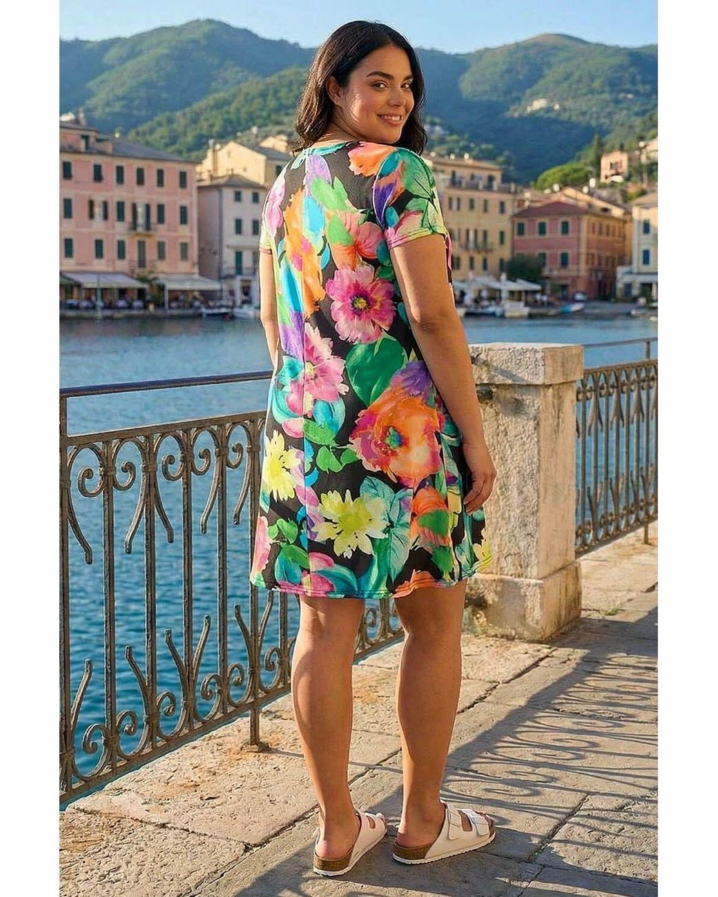 Roman Blue Curve Leaf Print Pocket Dress