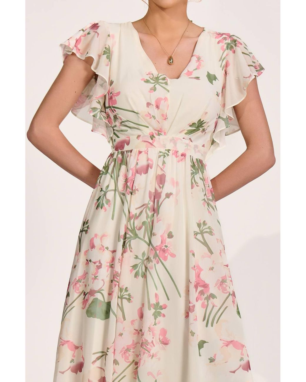 Jolie Moi Natural Ruffle Printed Chiffon Maxi Dress
