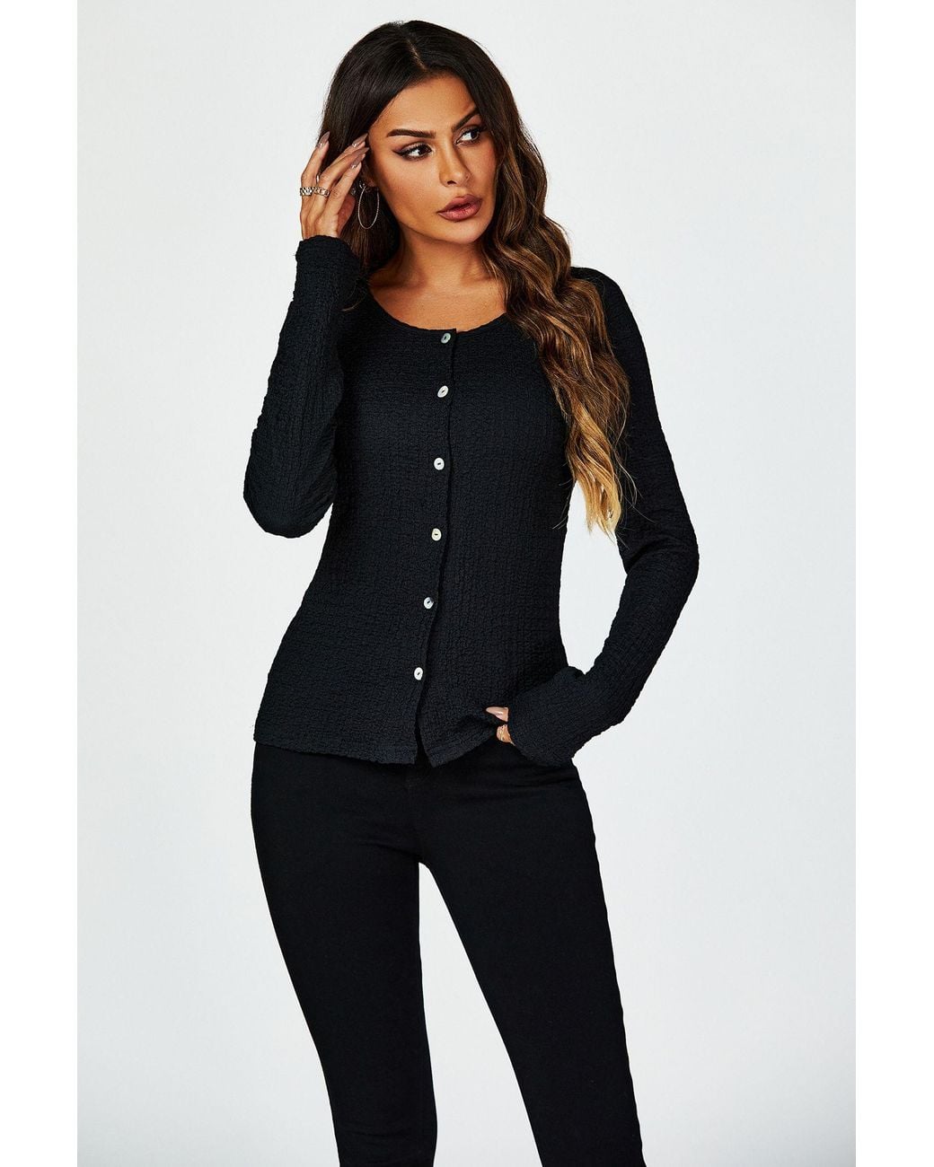 FS Collection Black Button Down Ruched Stretch Long Sleeves Top