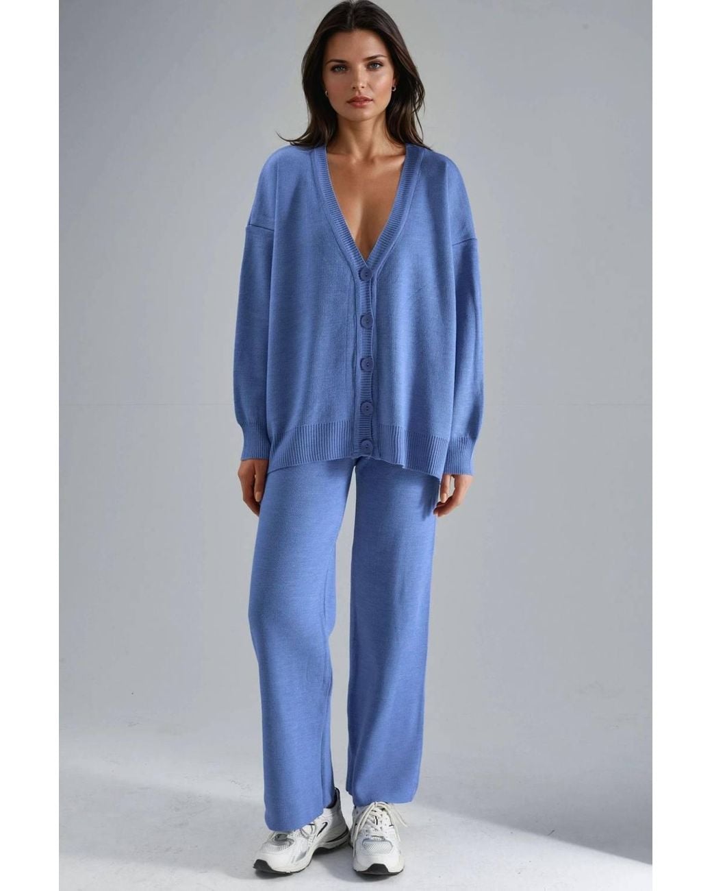 My Fashion Blue V-Neck Cardigan & Wide Leg Pants Knitwear Set