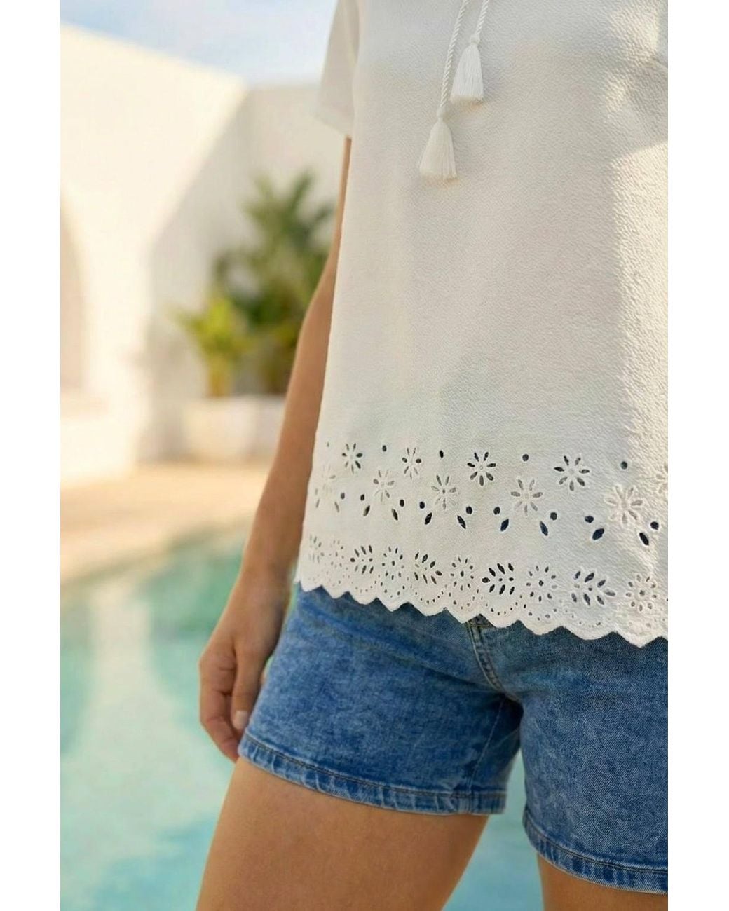 Roman White Cut Out Hem Tie Front Top