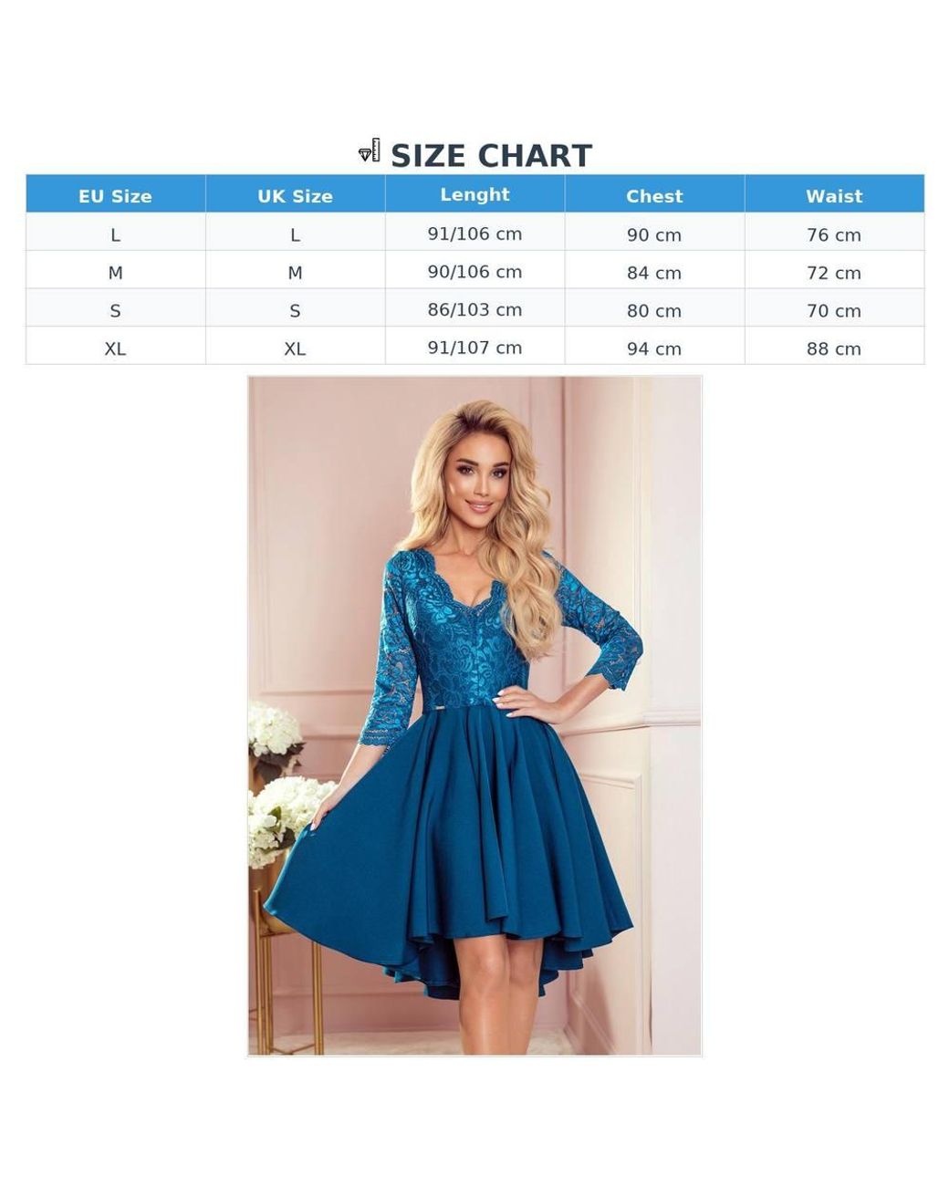 Love Lace Blue Lace Asymmetric 3/4 Sleeve Skater Dress