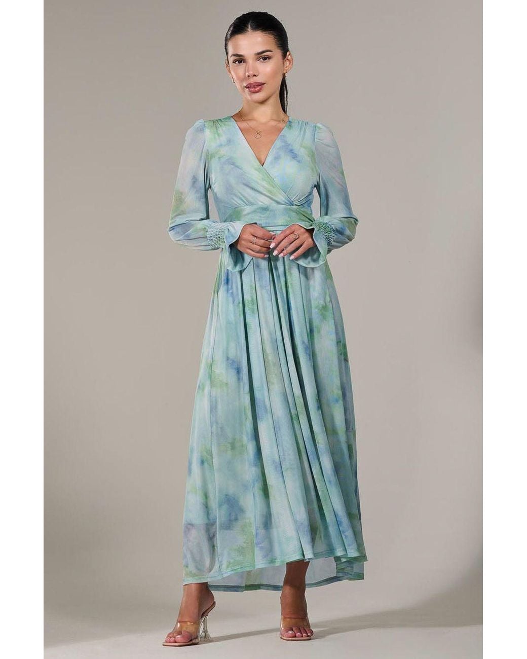 Jolie Moi Blue Petite Long Sleeve Mesh Maxi Dress