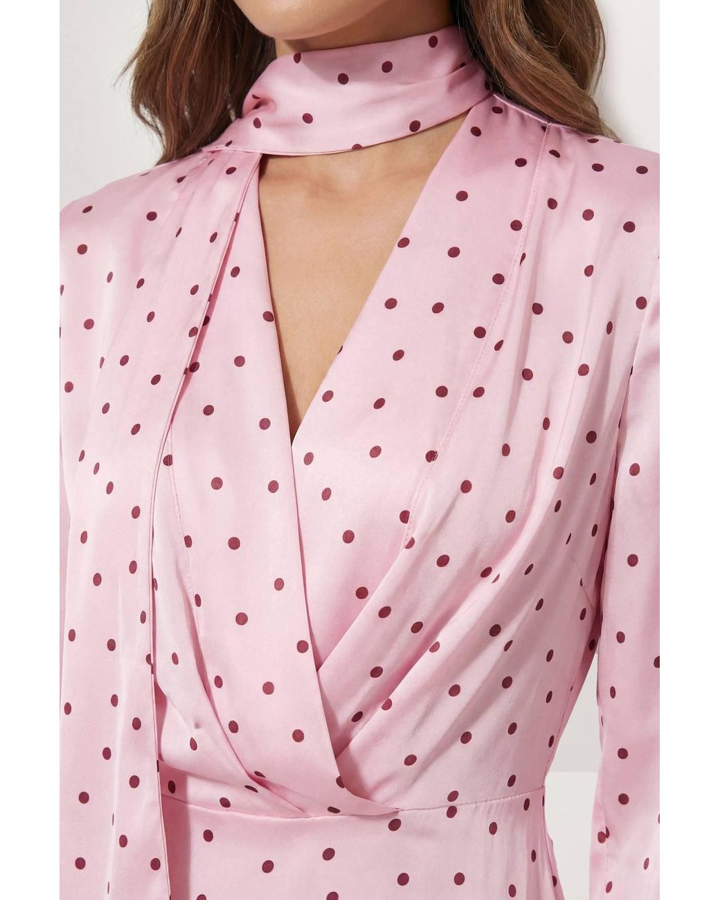 MissPap Pink Premium Spot Print Tie Neck Mini Dress