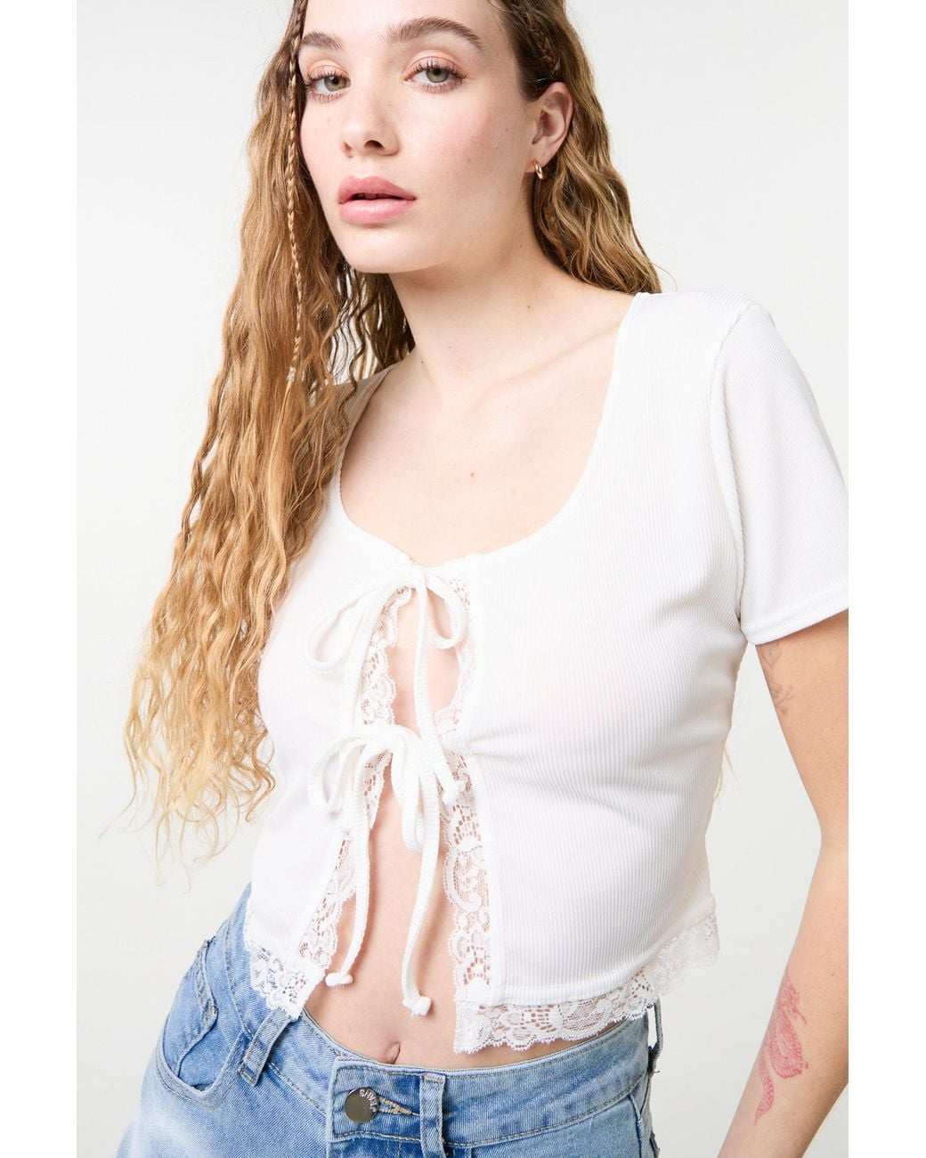 Pink Vanilla White Ribbed Lace Tie Front Top