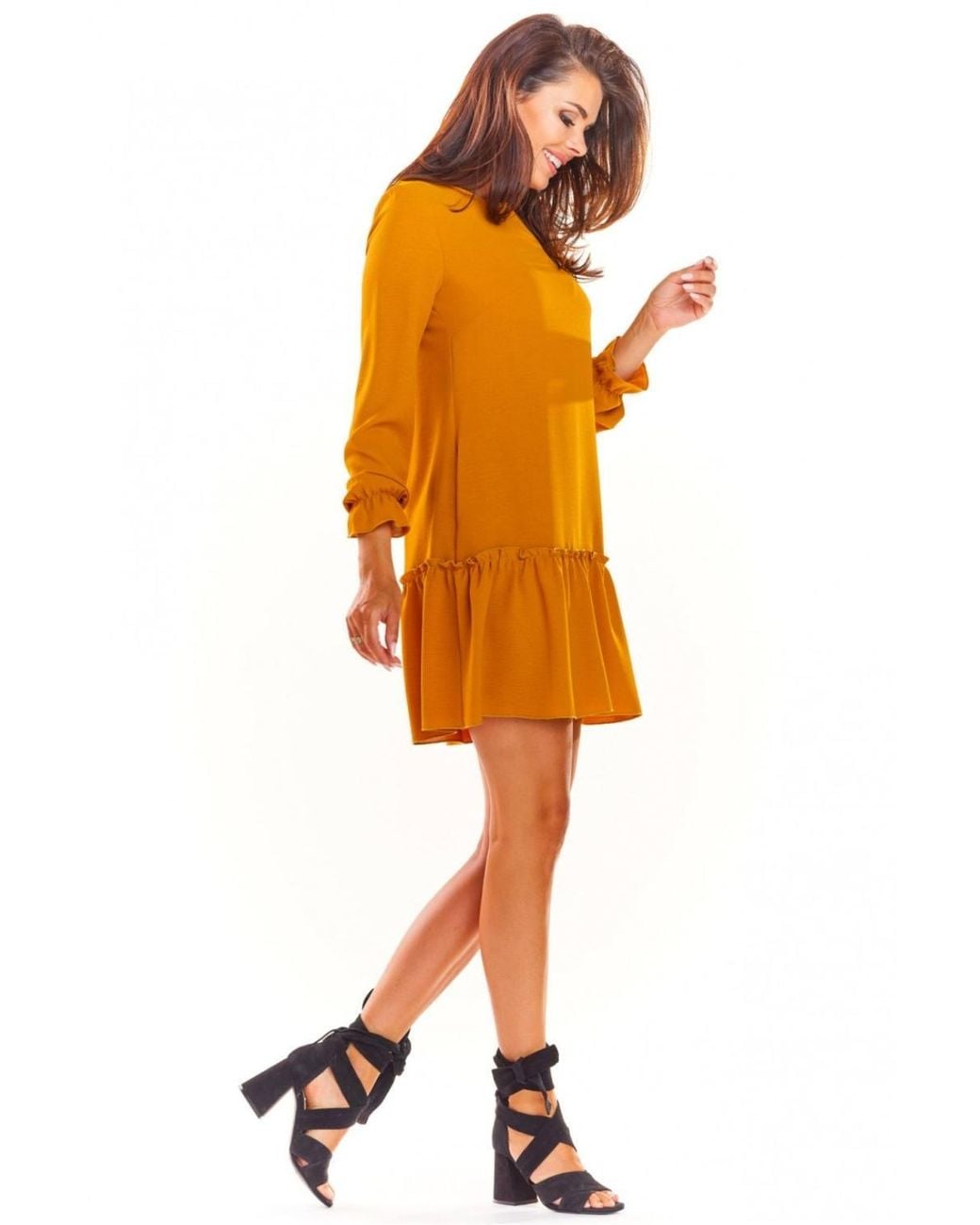 Love Lace Orange Relaxed Long Sleeve A-Line Dress With Ruffles
