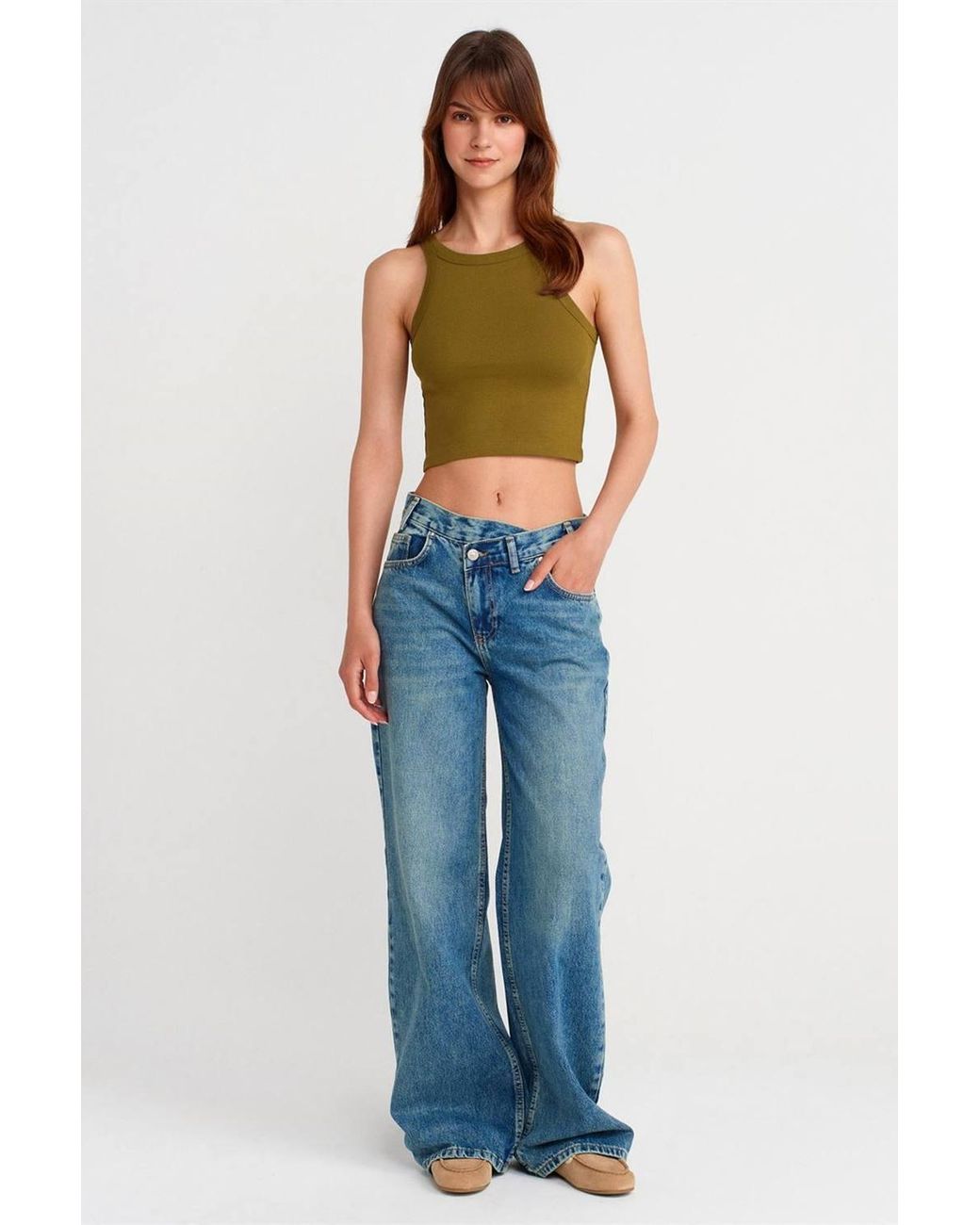 Dilvin Green Ribbed Cotton-Blend Sleeveless Crop Top