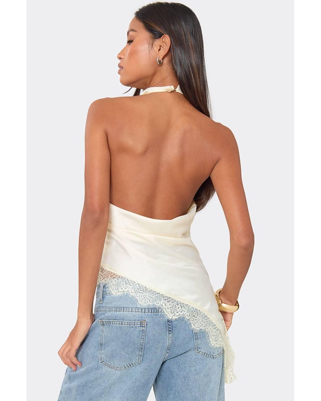 EGO White Sleeveless Cowl Neck Asymmetric Hem Satin Top