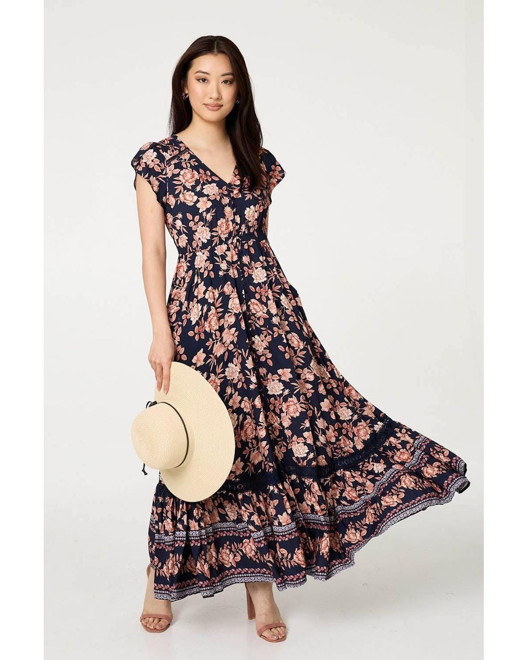 Izabel London White Lace Trim Tiered Cap Sleeve Maxi Dress