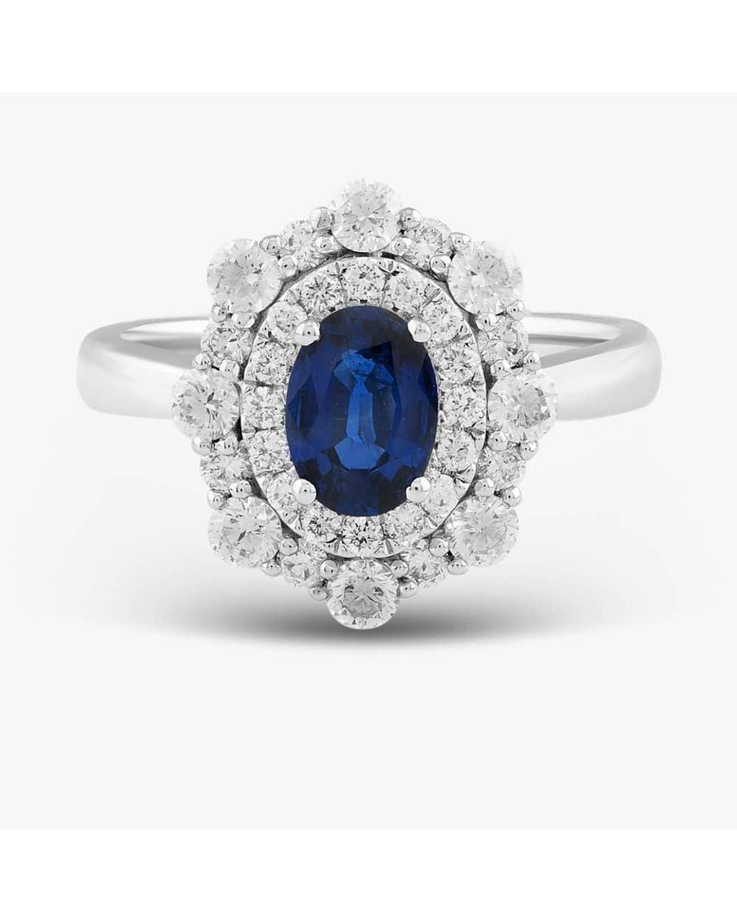 T.H.Baker White 18Ct 0.91Ct Oval Cut Sapphire & 0.82Ct Brilliant Cut Diamond Double Halo Ring 1518173 18Kw M
