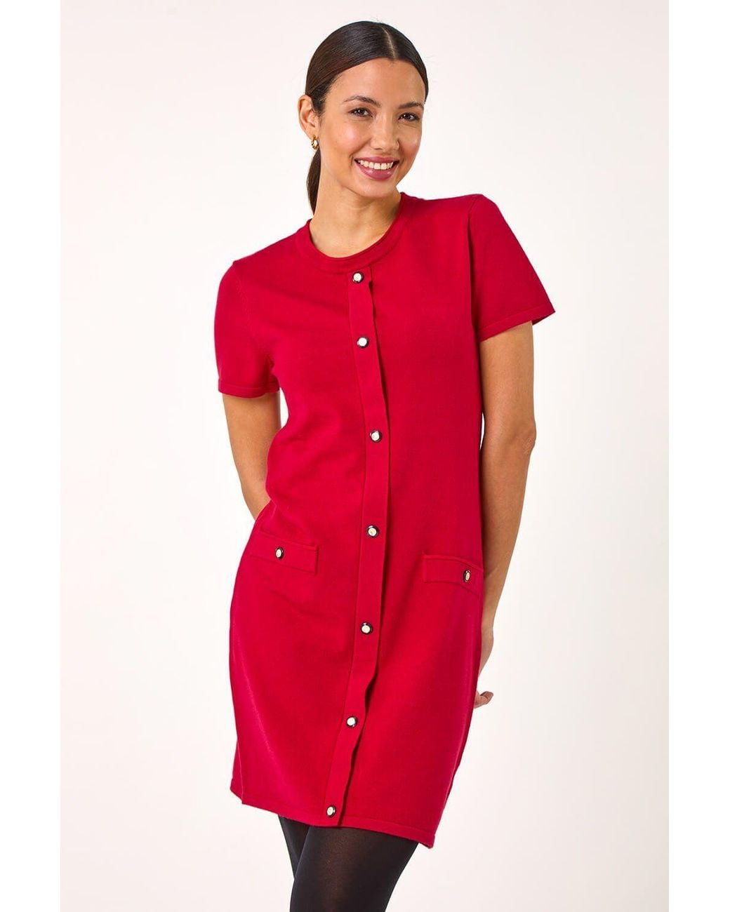 Roman Red Knitted Button Detail A-Line Dress