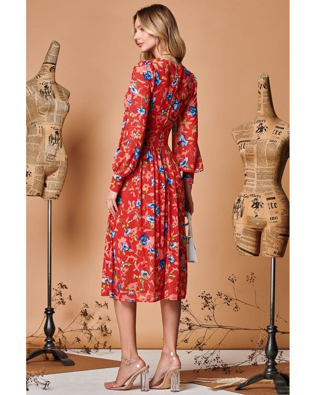 Jolie Moi Red Floral Long Sleeve Mesh Midi Dress