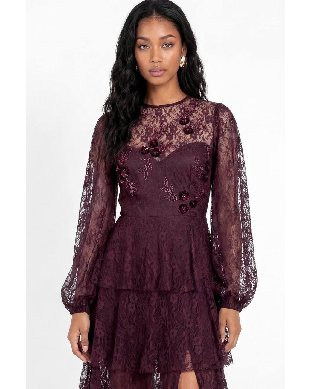 Maya Deluxe Purple Floral Embellished Blouson Sleeve Tiered Lace Maxi Dress