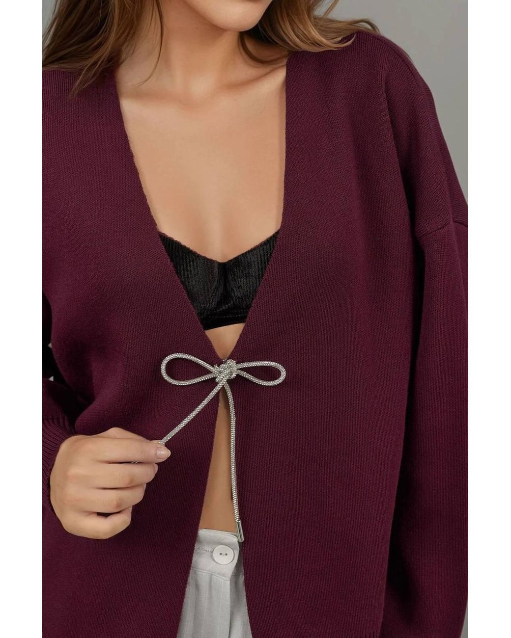 Hiccup Purple V-Neck Knitwear Cardigan With Bow Detail