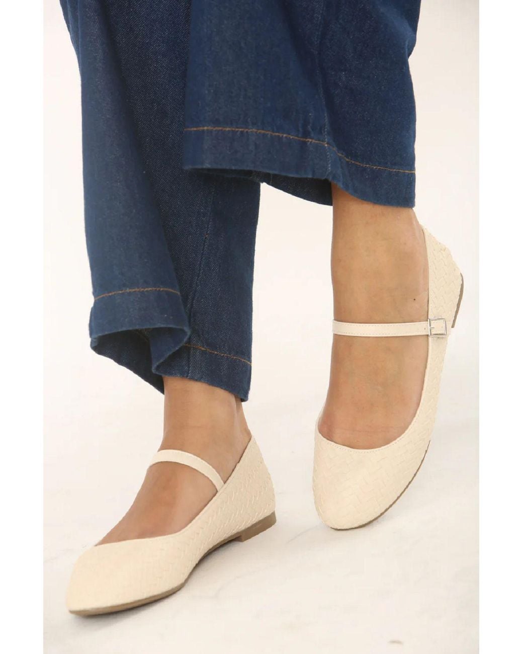LARANGE White Pu Woven Slip On Flats Ballerina Shoes Strap Mary Jane