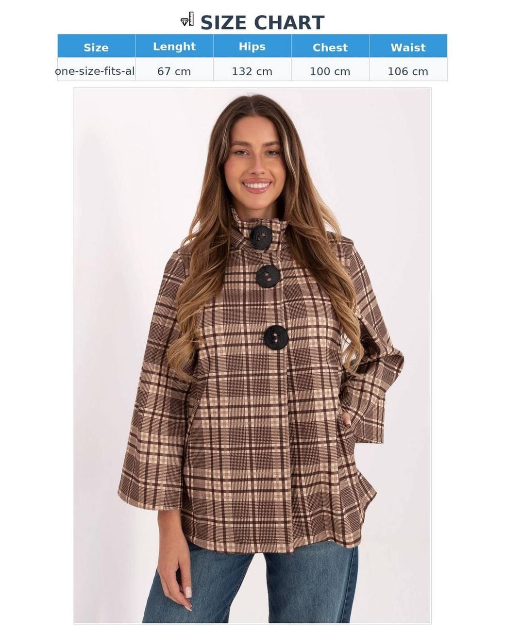 Love Lace Brown Timeless Checkered Stand Collar Button Coat