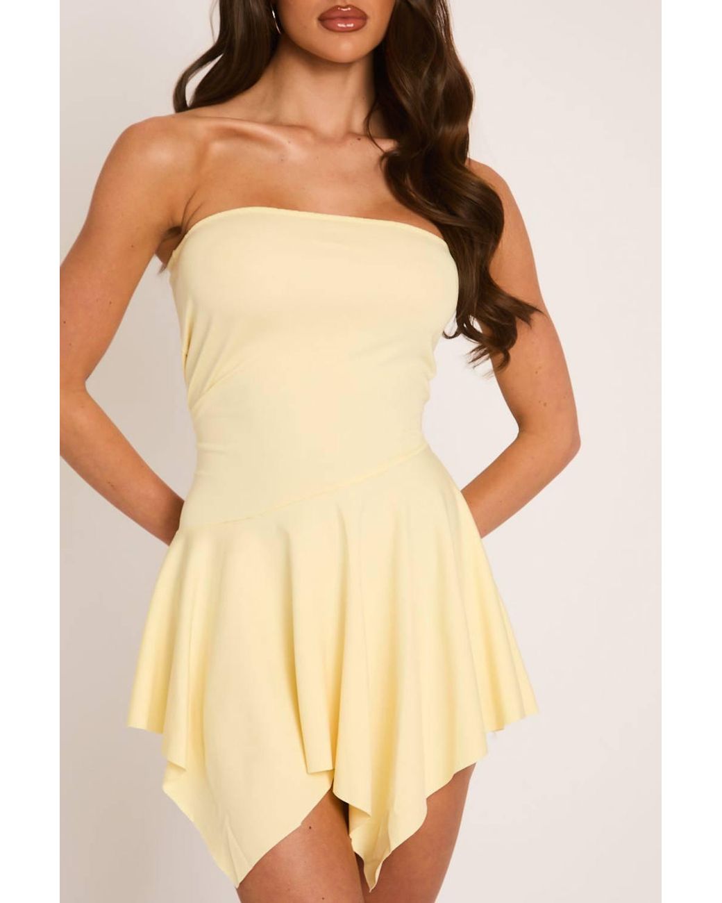 Rebellious Fashion Natural Bandeau Asymmetric Frill Hem Mini Dress