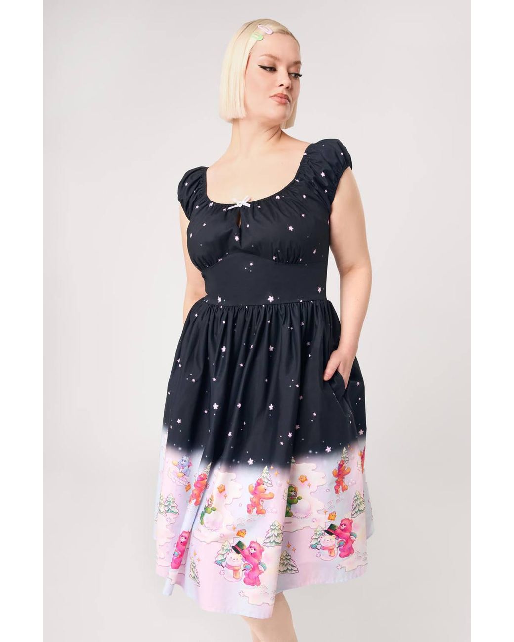 Hell Bunny Blue Winter Fun Care Bears Printed Cotton 50S Midi Dress
