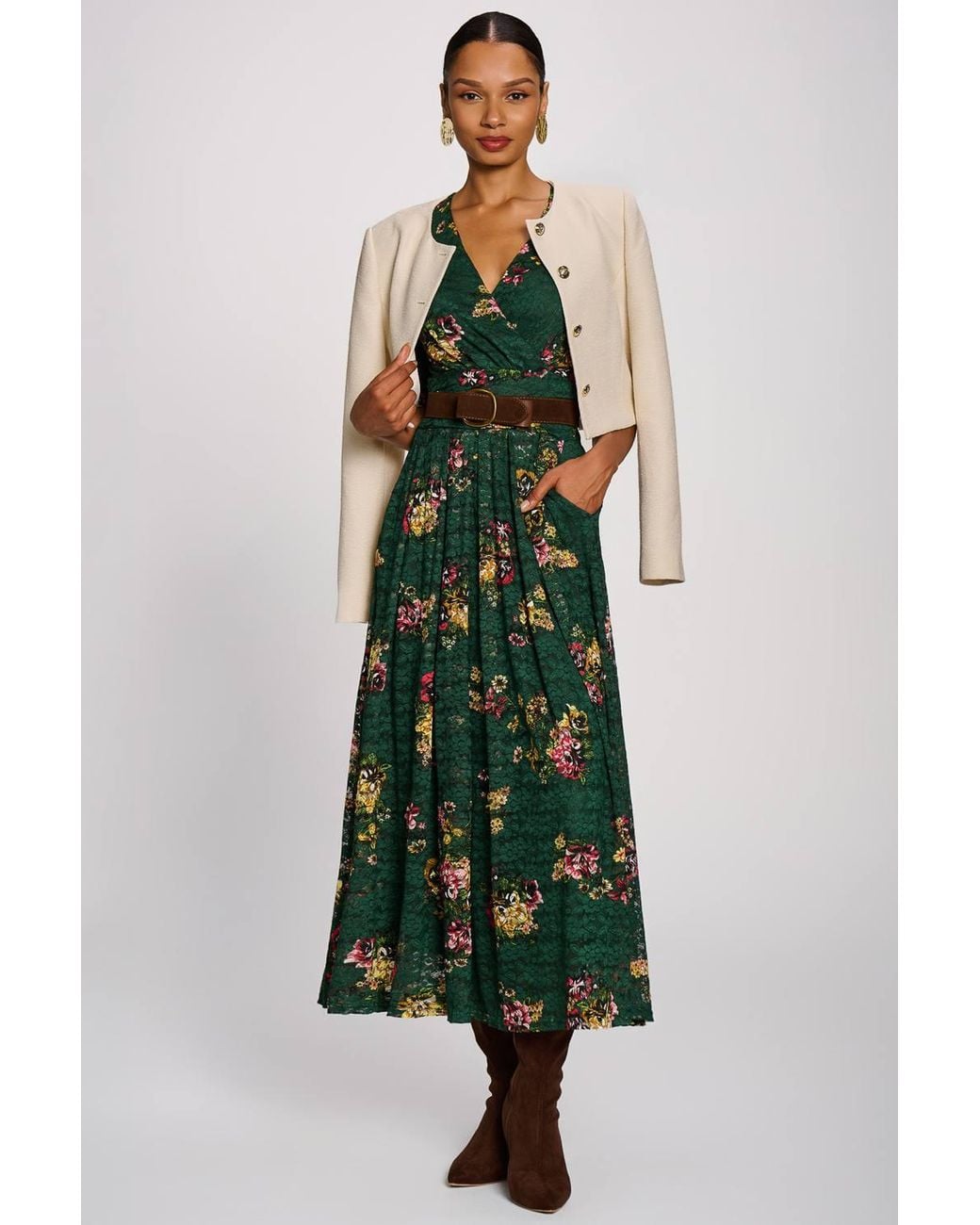 Jolie Moi Green Half Sleeve Print Lace Maxi Dress