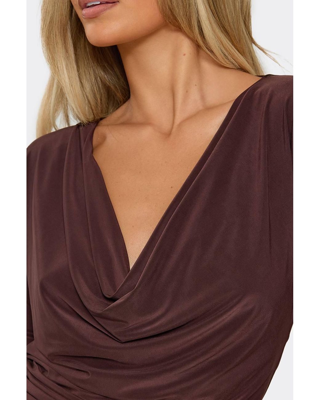EGO Brown Long Sleeve Cowl Neck Tie Back Slinky Top