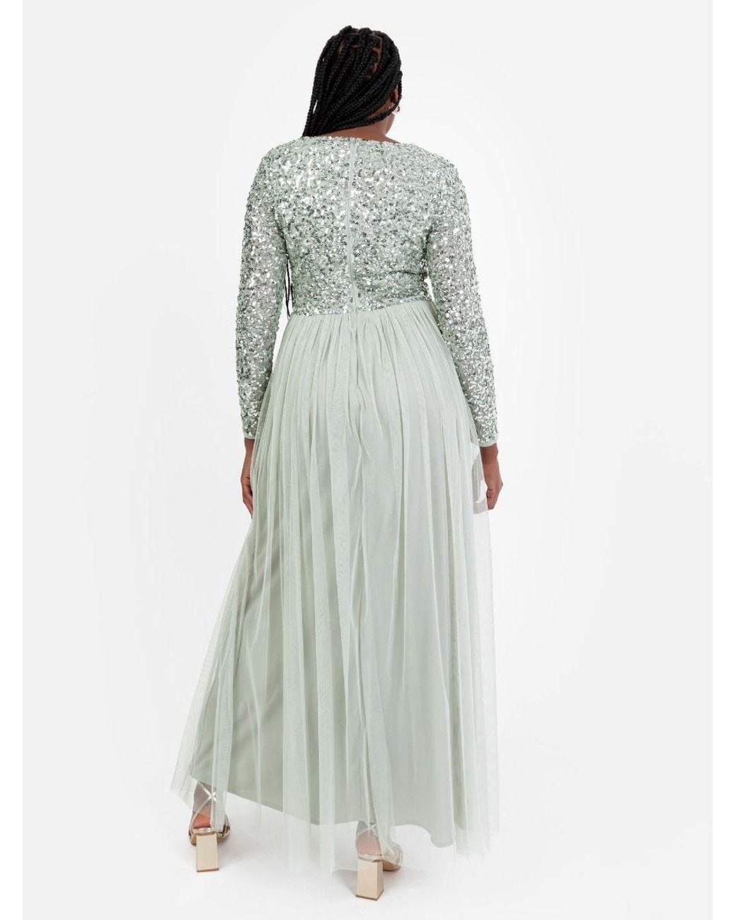 Maya Deluxe White V Neck Embellished Long Sleeve Maxi Dress