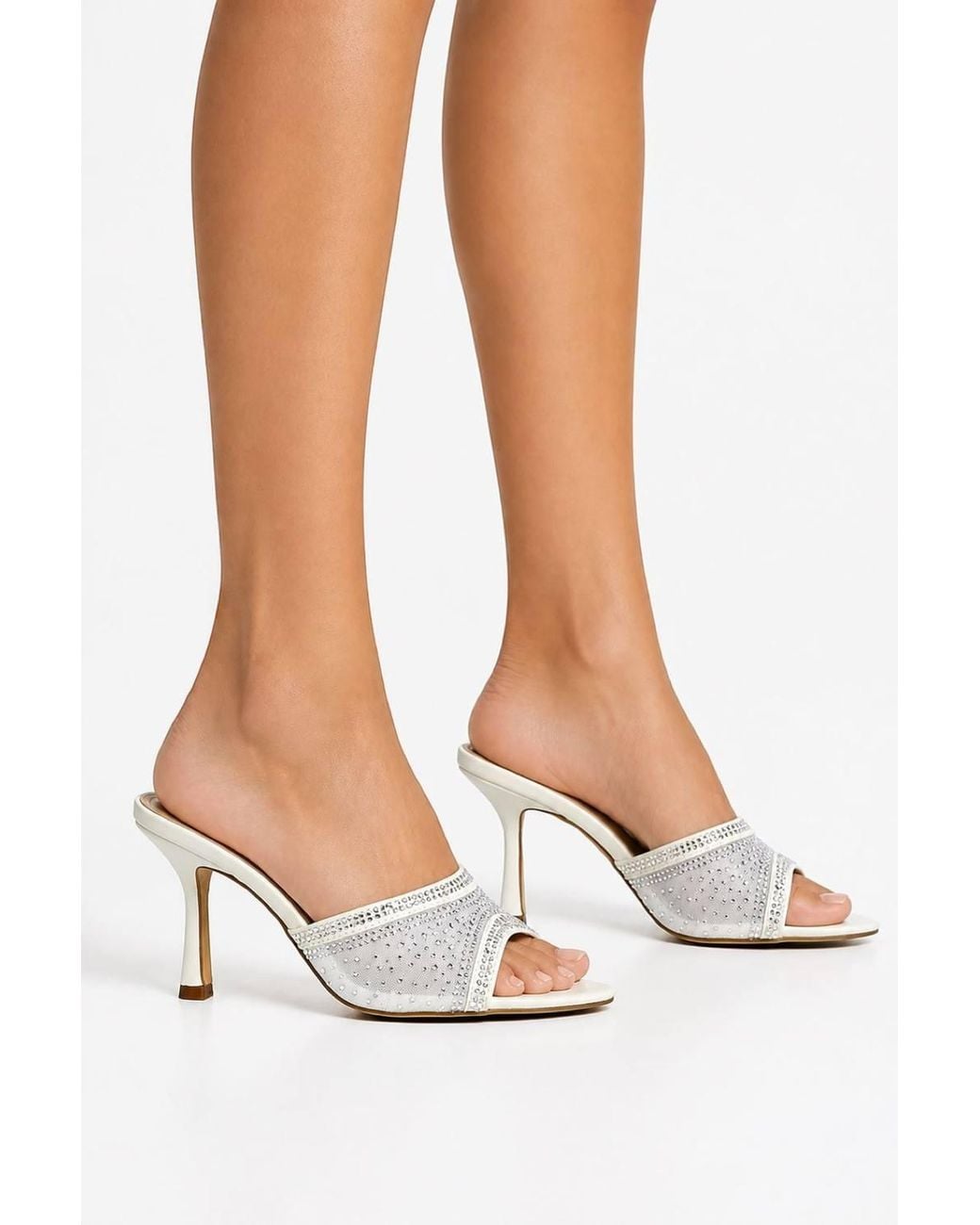 Miss Diva White Ginevra Diamante Mesh Band Heeled Mules