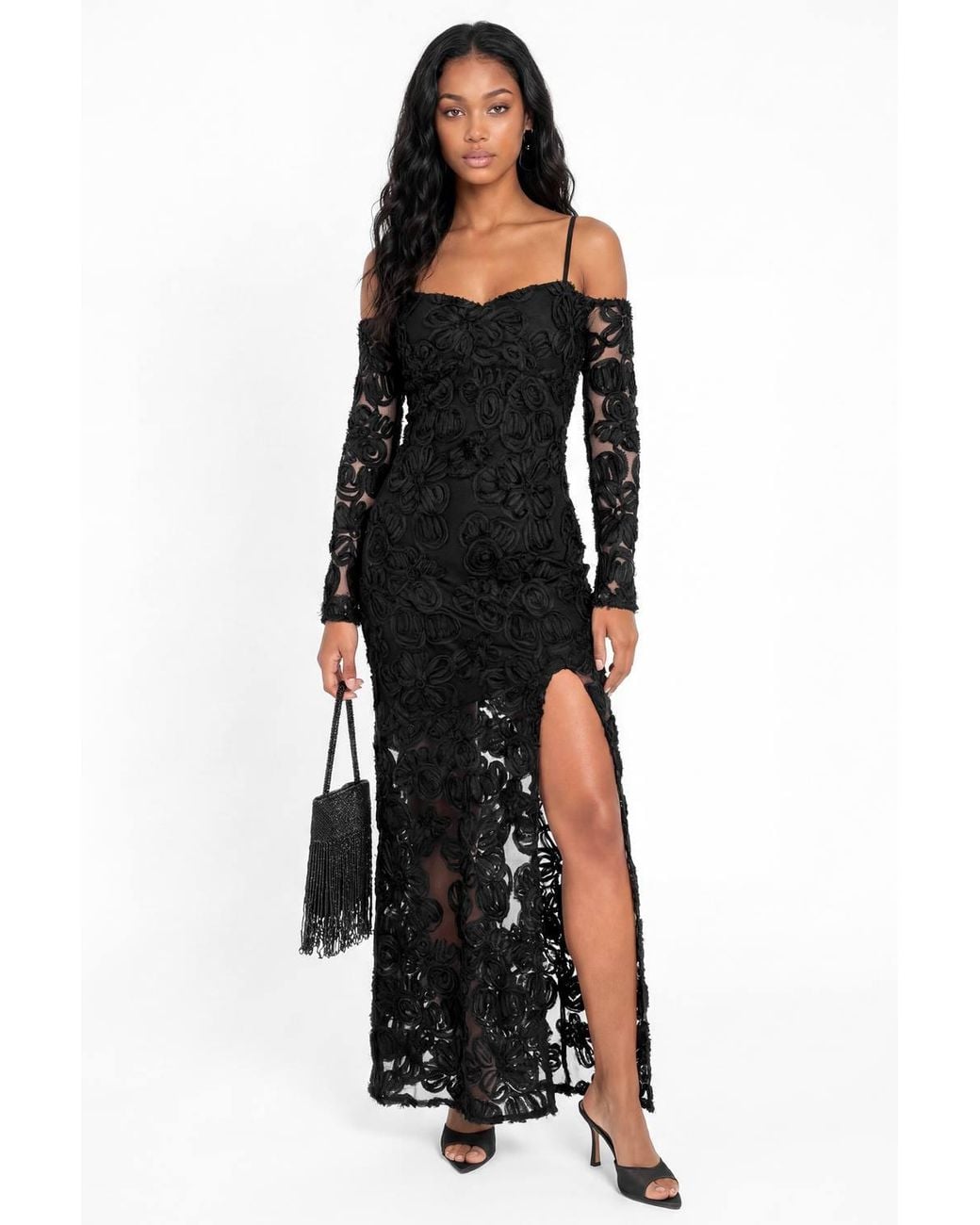 Maya Deluxe Black Cold Shoulder Floral Mesh Maxi Dress