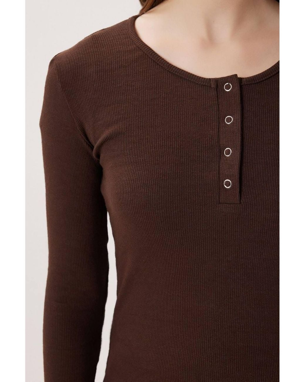 Happiness İstanbul Brown Slim Fit Ribbed Button-Up Long Sleeve Blouse