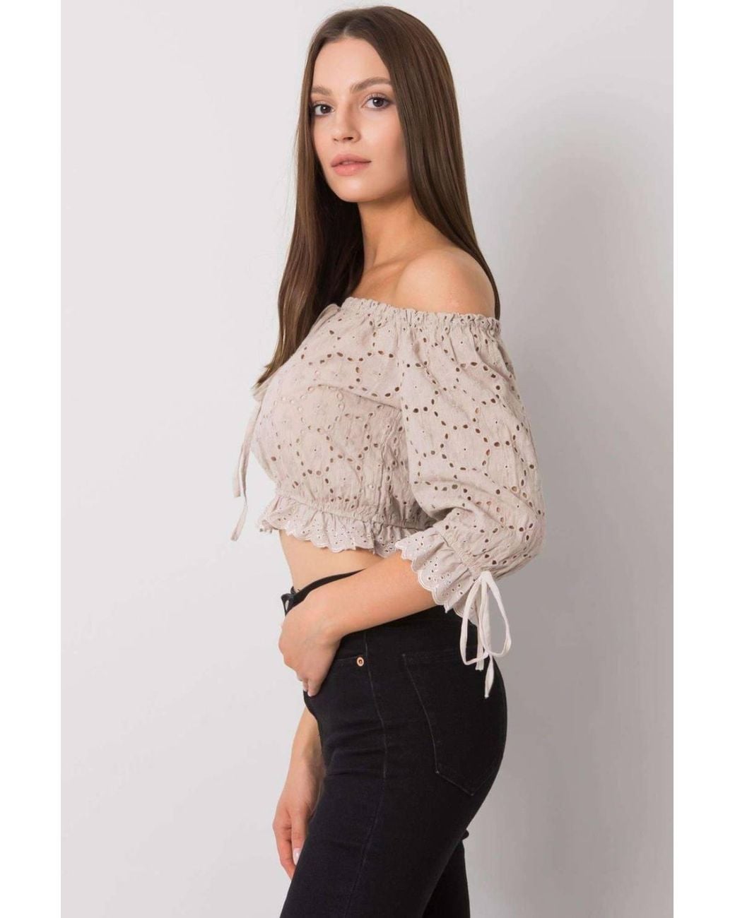 Love Lace Gray Short Sleeve Openwork Tie Front Blouse