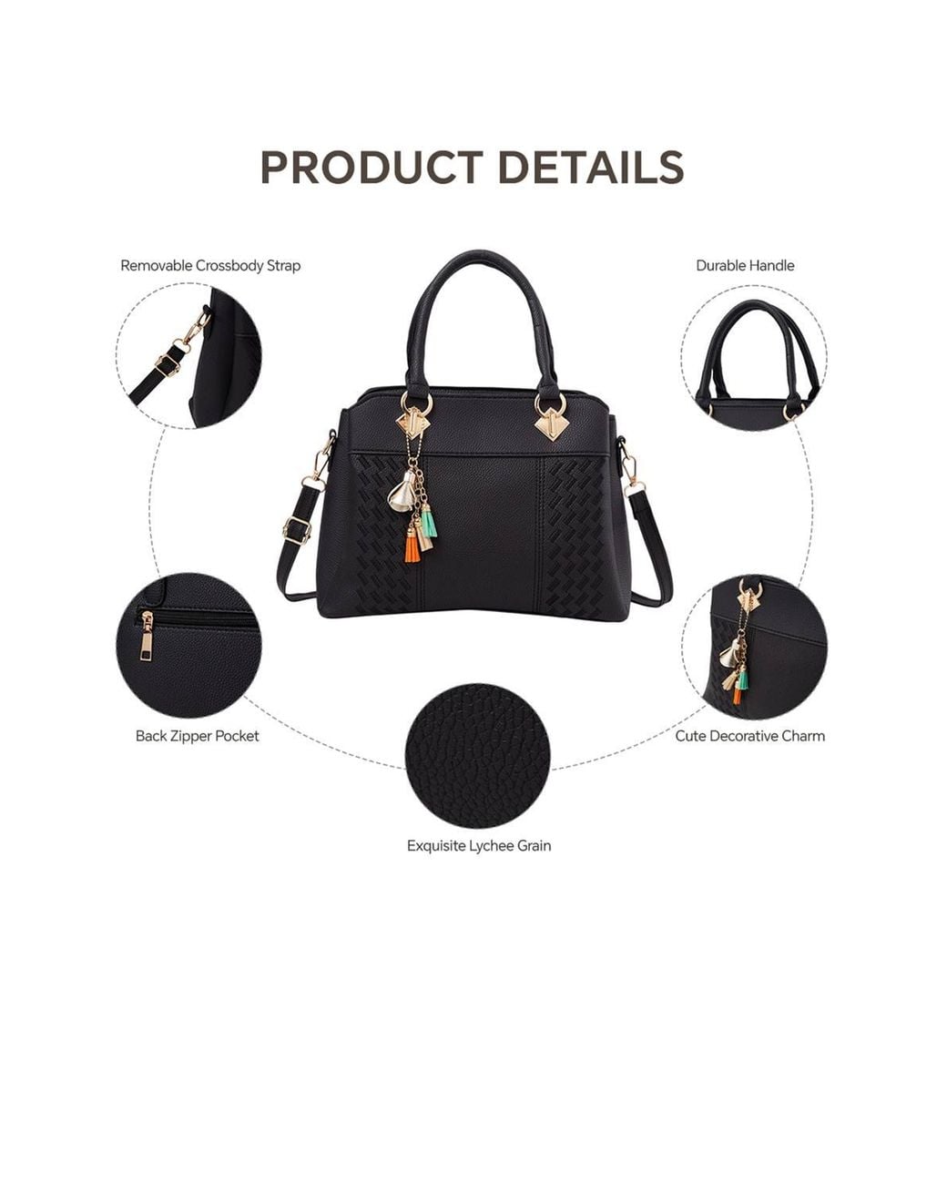 MODISHION Black Minimalist Lychee Grain Handbag With Tassel Pendants