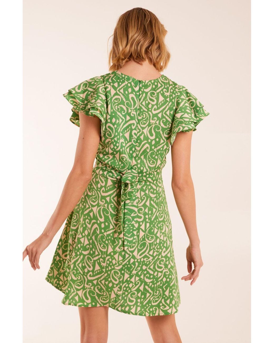 Blue Vanilla Green Aztec Wrap Ruffle Frill Sleeve Mini Dress