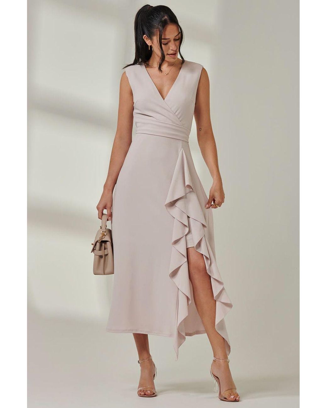 Jolie Moi Natural Wrap Front Frill Detail Maxi Dress