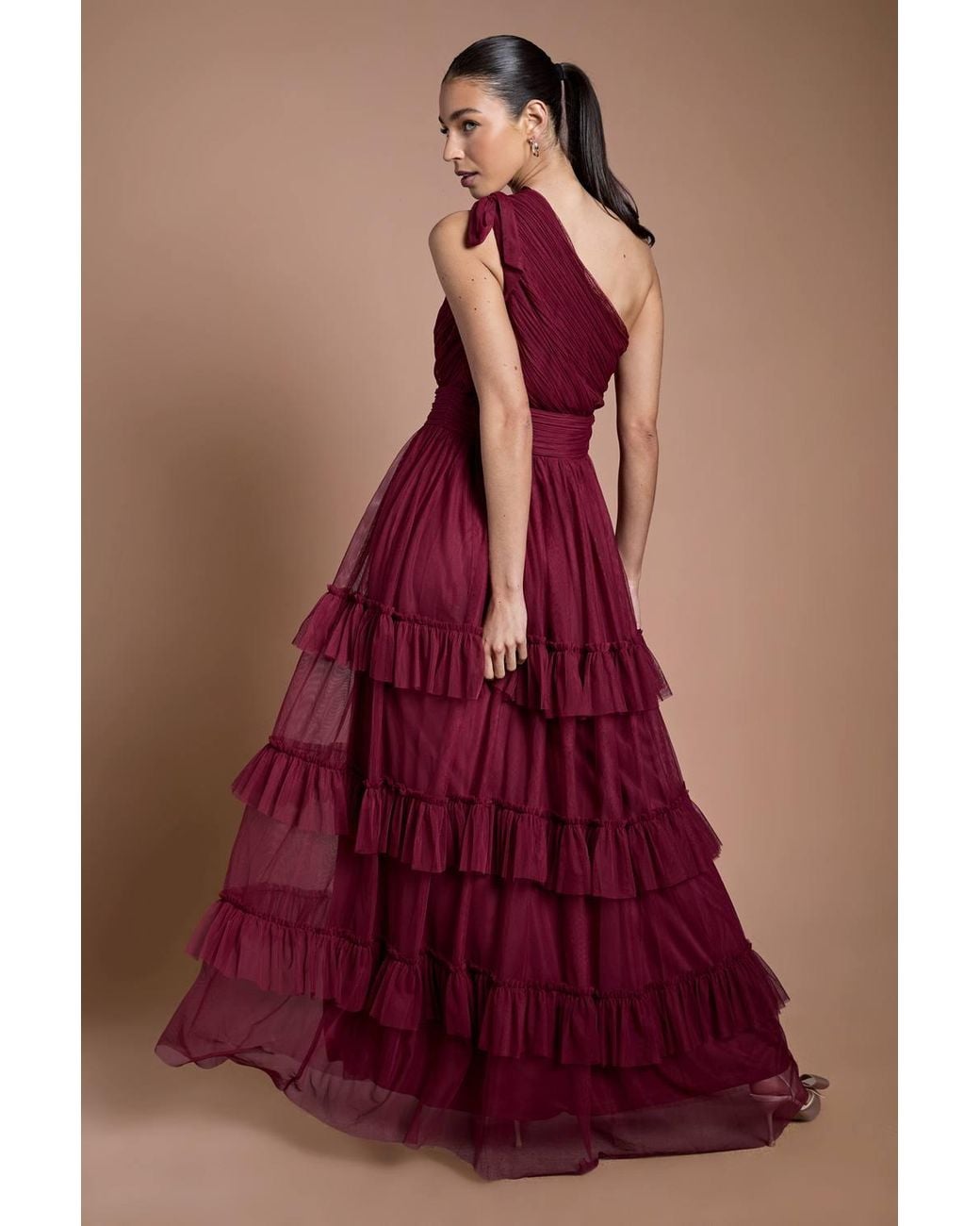 Oasis Pleated Mesh One Shoulder Tiered Maxi Bridesmaid Maxi Dress