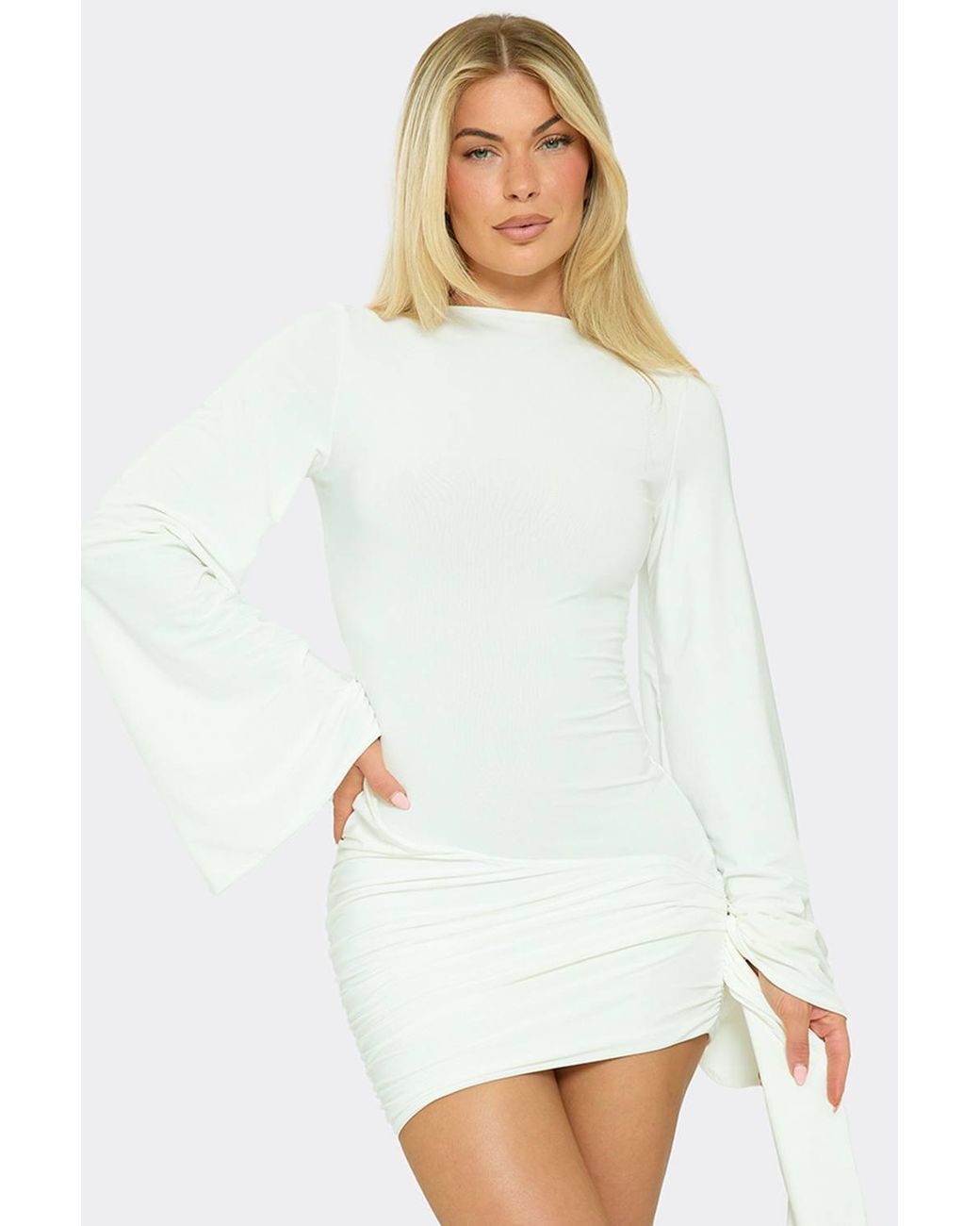 EGO White Long Sleeve Drape Mini Dress