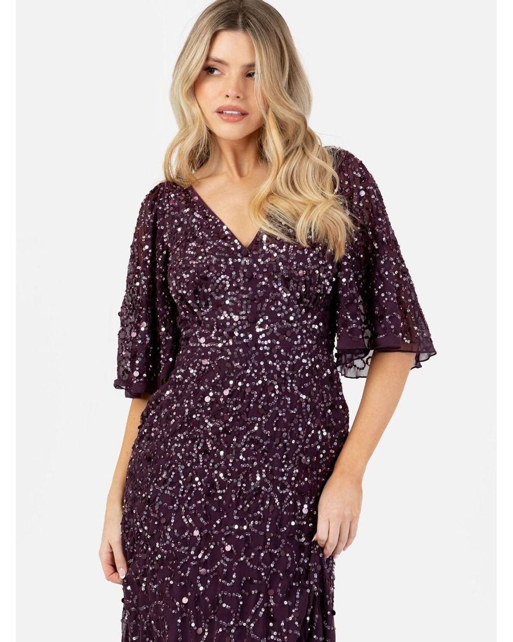 Maya Deluxe Purple Embellished Angel Sleeve Maxi Dress