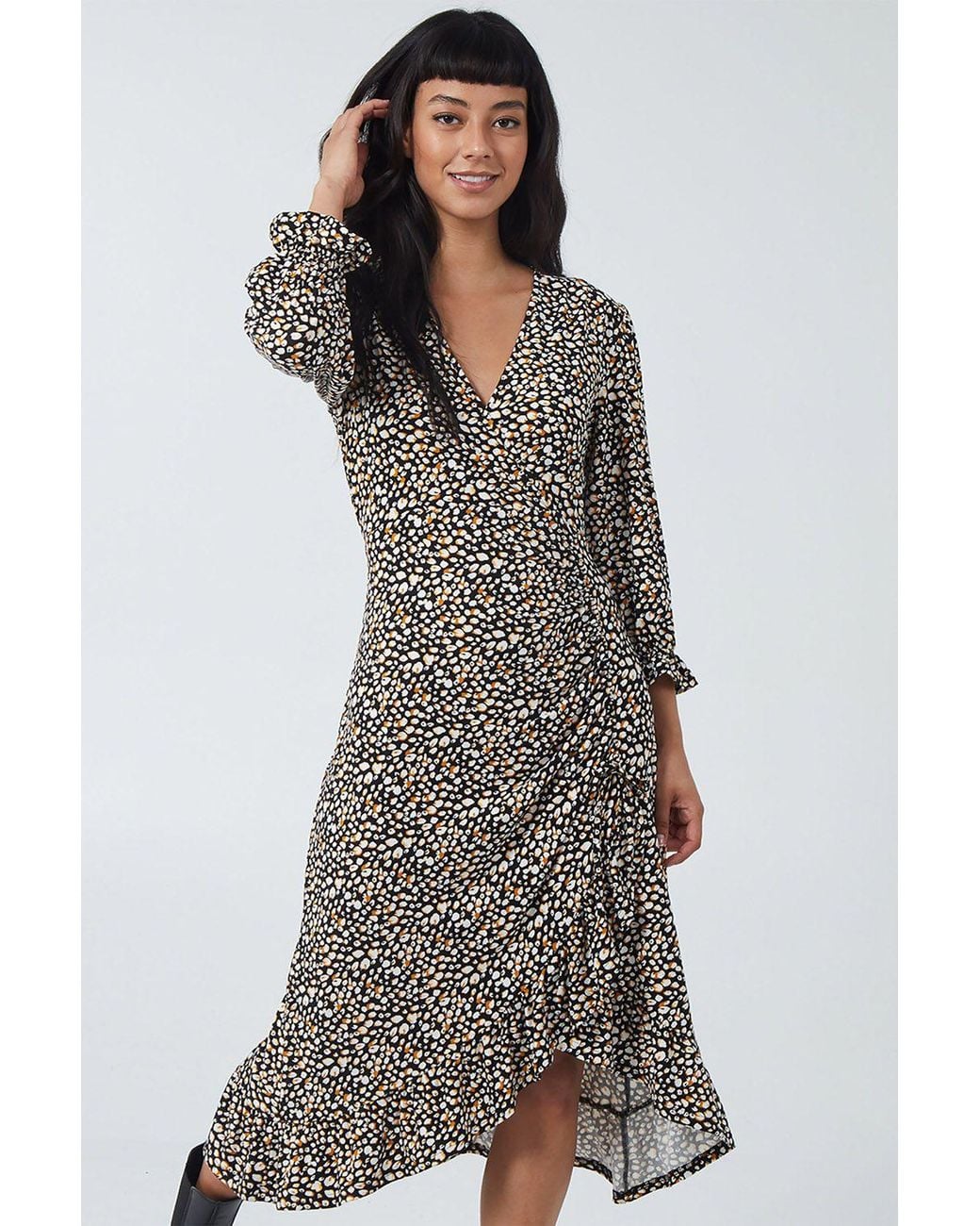 Blue Vanilla Gray Wrap Front Ruched Detail Midi Dress