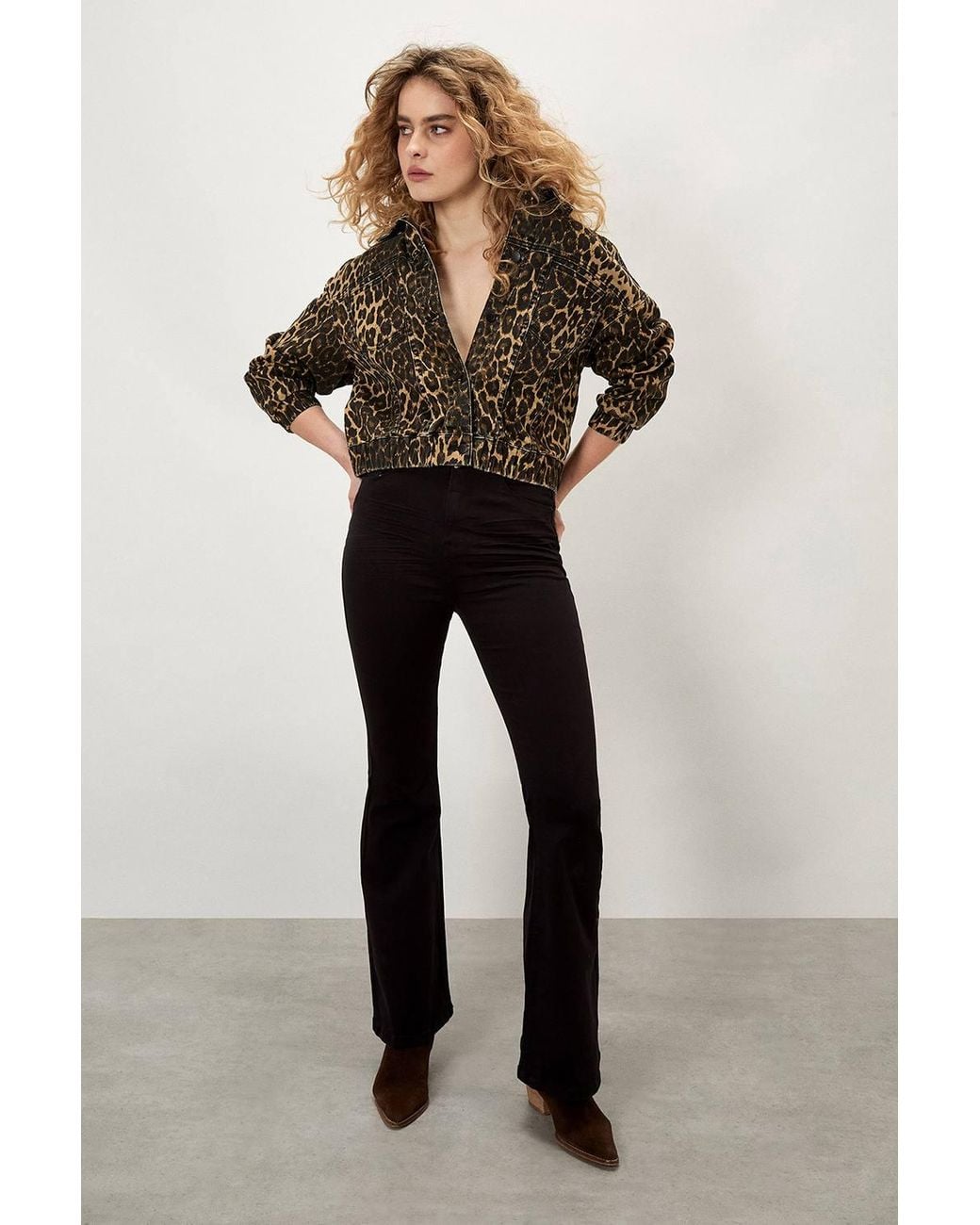Apricot Brown Leopard Print Denim Crop Jacket