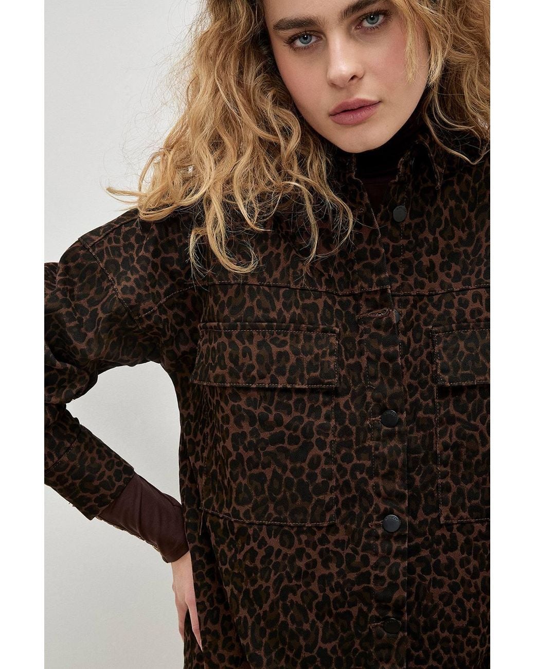 Apricot Brown Leopard Denim Shacket Mini Dress