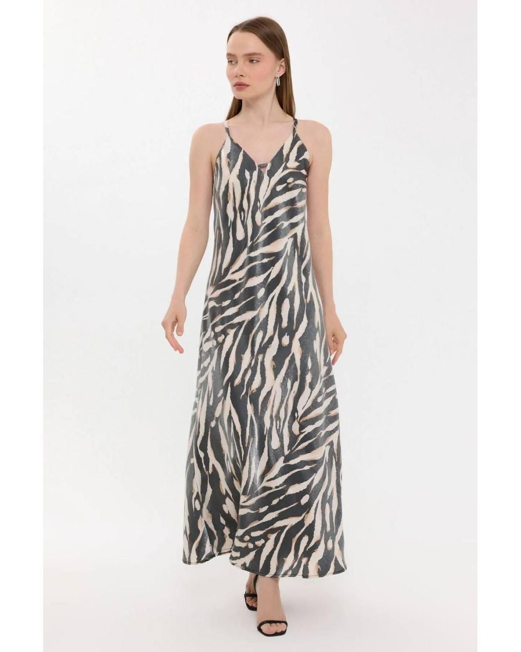 Hiccup White Abstract Print V-Neck Sleeveless Maxi Dress