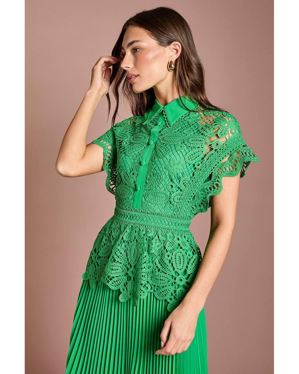 Coast Green Collared Lace Top Pleated Skirt Midi Dress