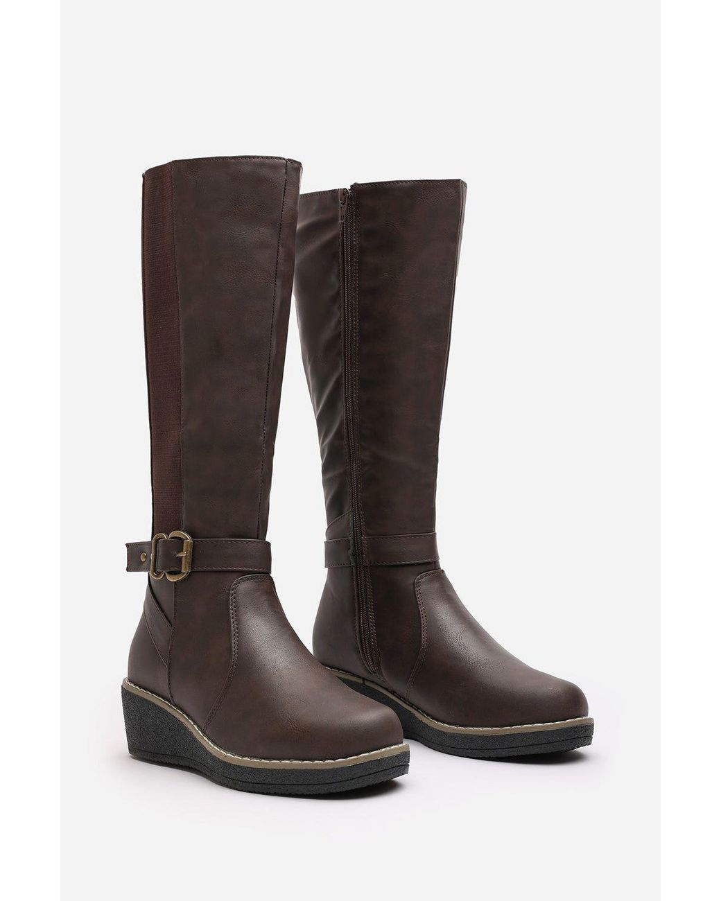 Where's That From Black 'Regina' Wide Fit Faux Leather Knee High Wedge Boots