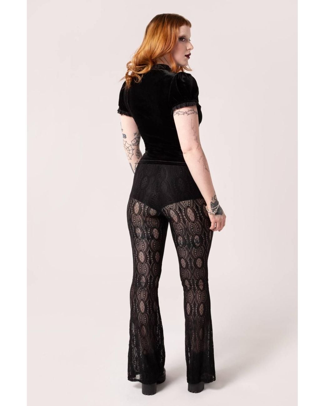 Hell Bunny Black Rhea Lace Flared Trousers With Jersey Lining & High Waistband