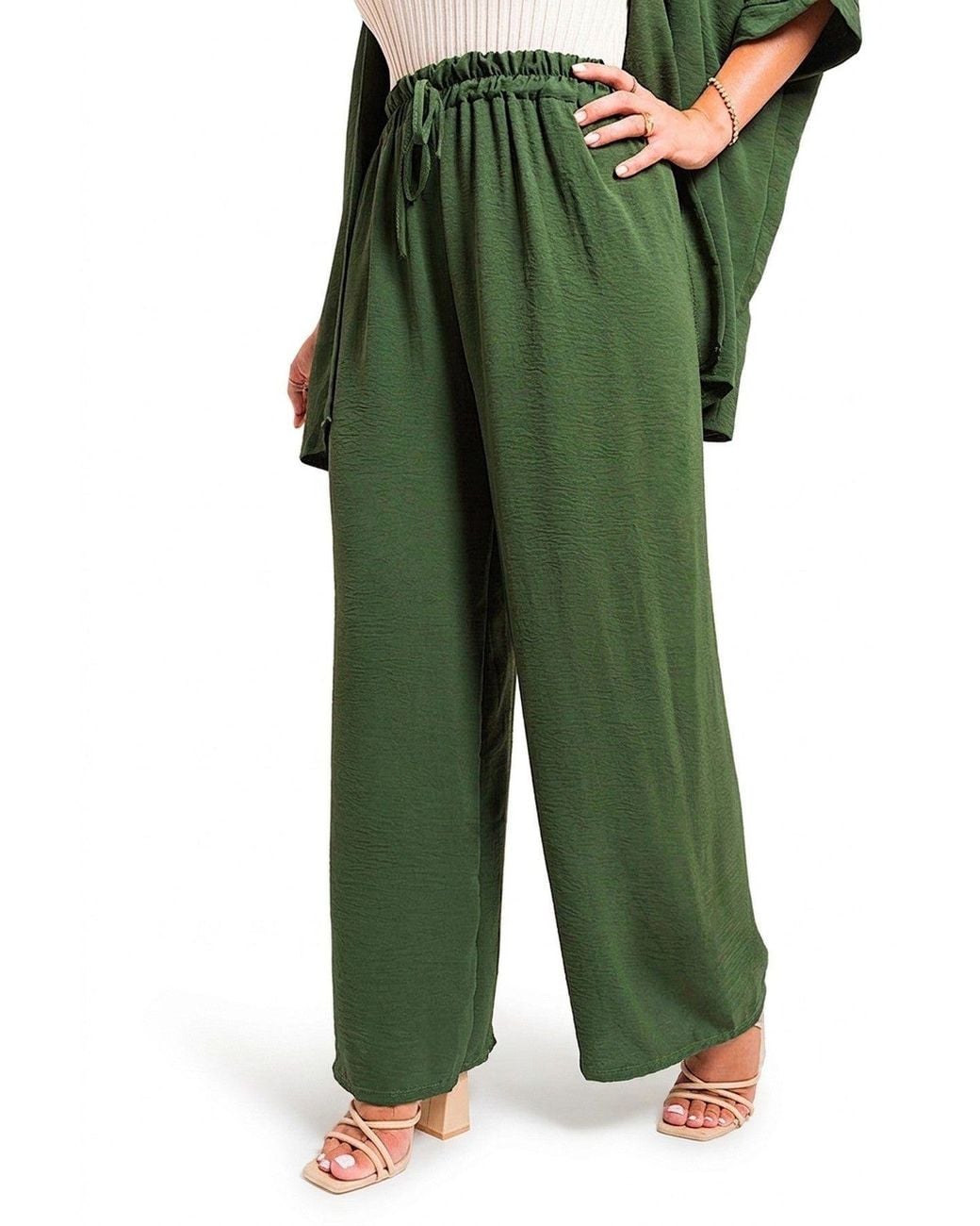 IKRUSH Green Mollie Drawstring Gathered Waist Wide Leg Trouser