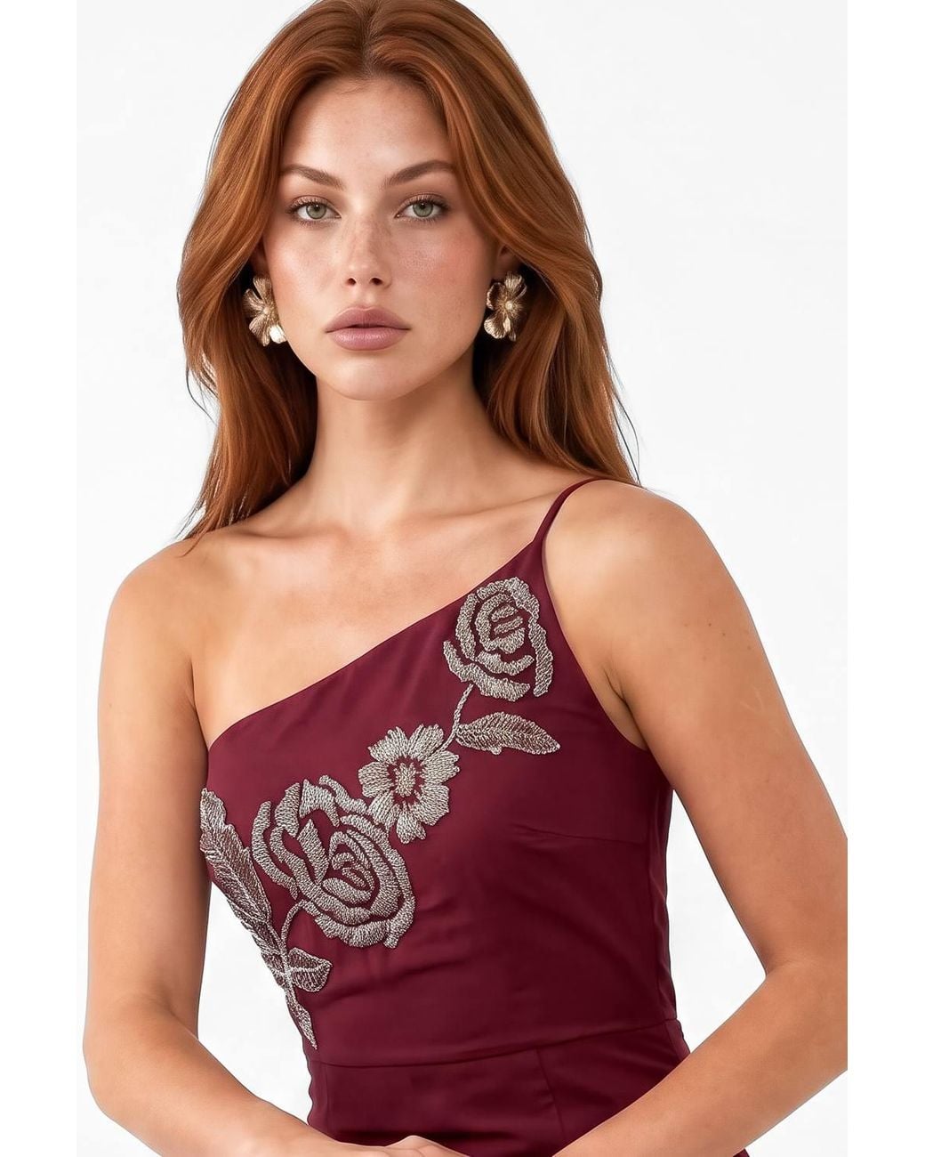 Maya Deluxe Red Embellished Strappy One Shoulder Maxi Dress