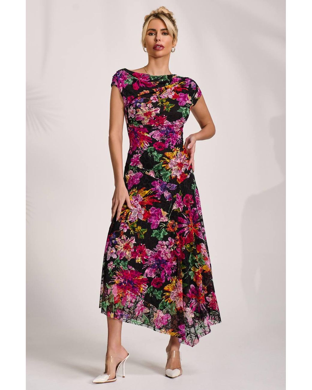Jolie Moi Red Asymmetric Draped Print Lace Maxi Dress