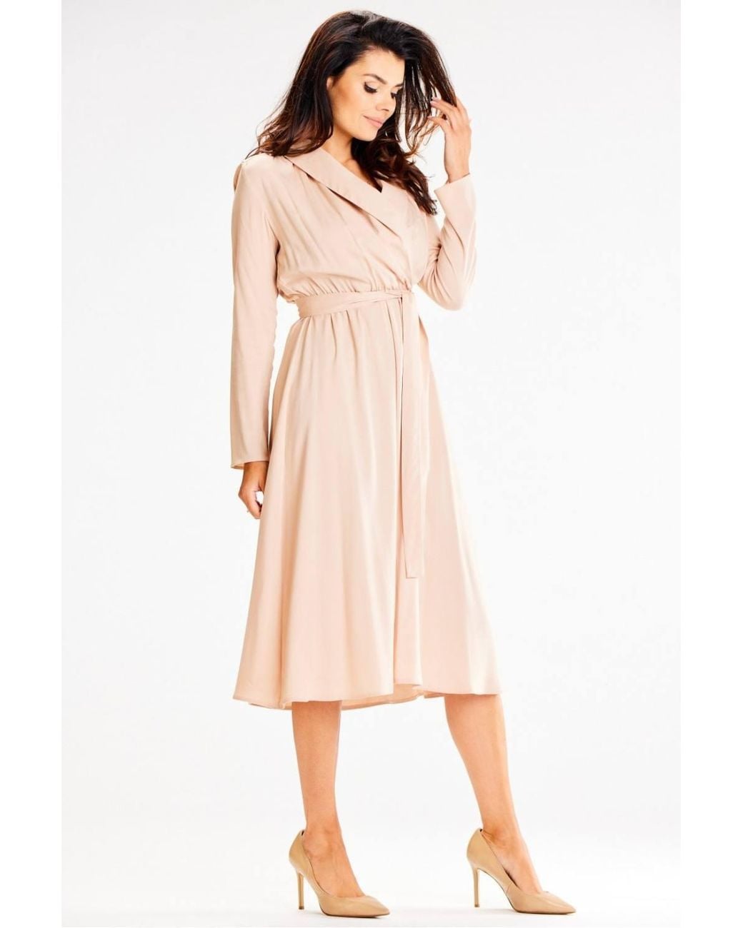 Love Lace Natural Viscose Collared Long Sleeve Fit & Flare Dress