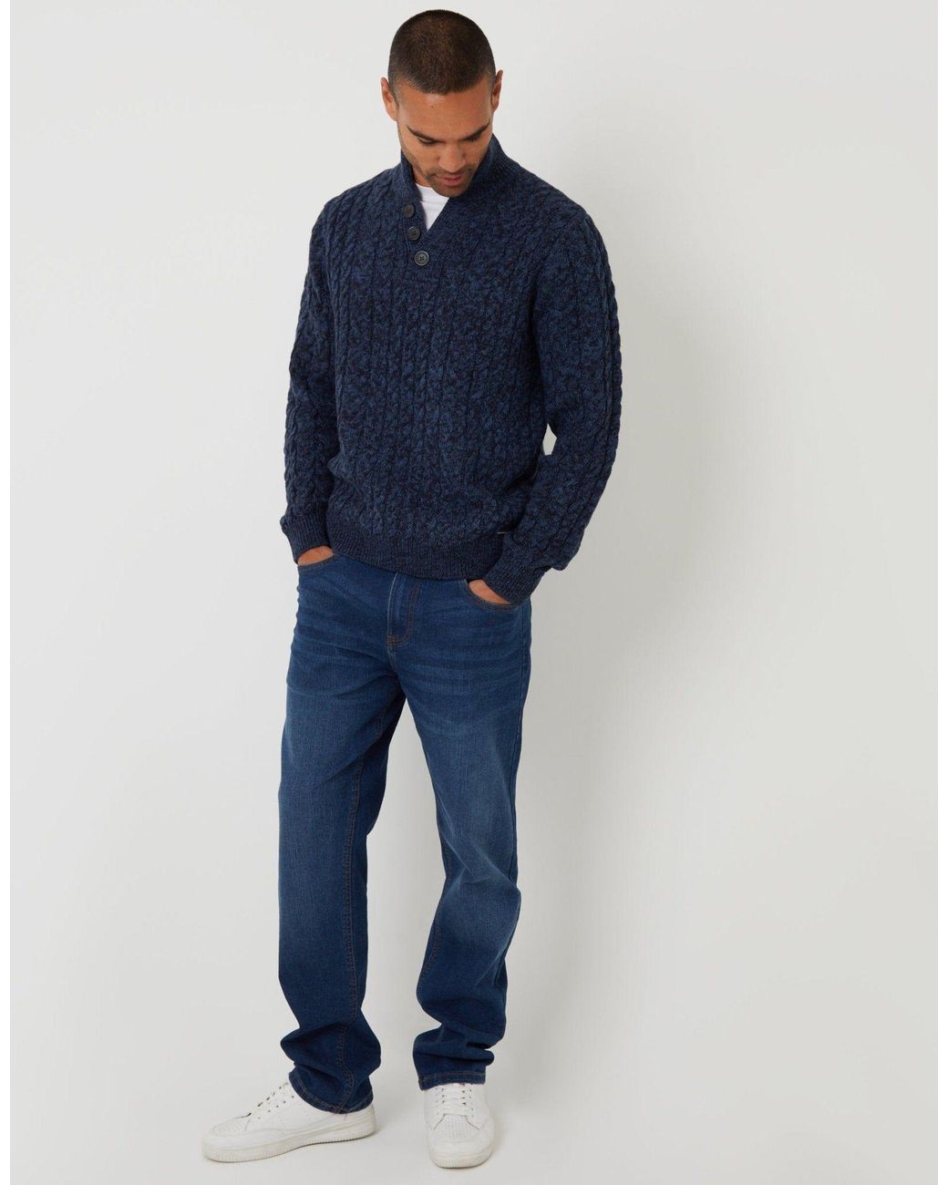 Threadbare Blue Funnel Neck Cable Knit Jumper for men