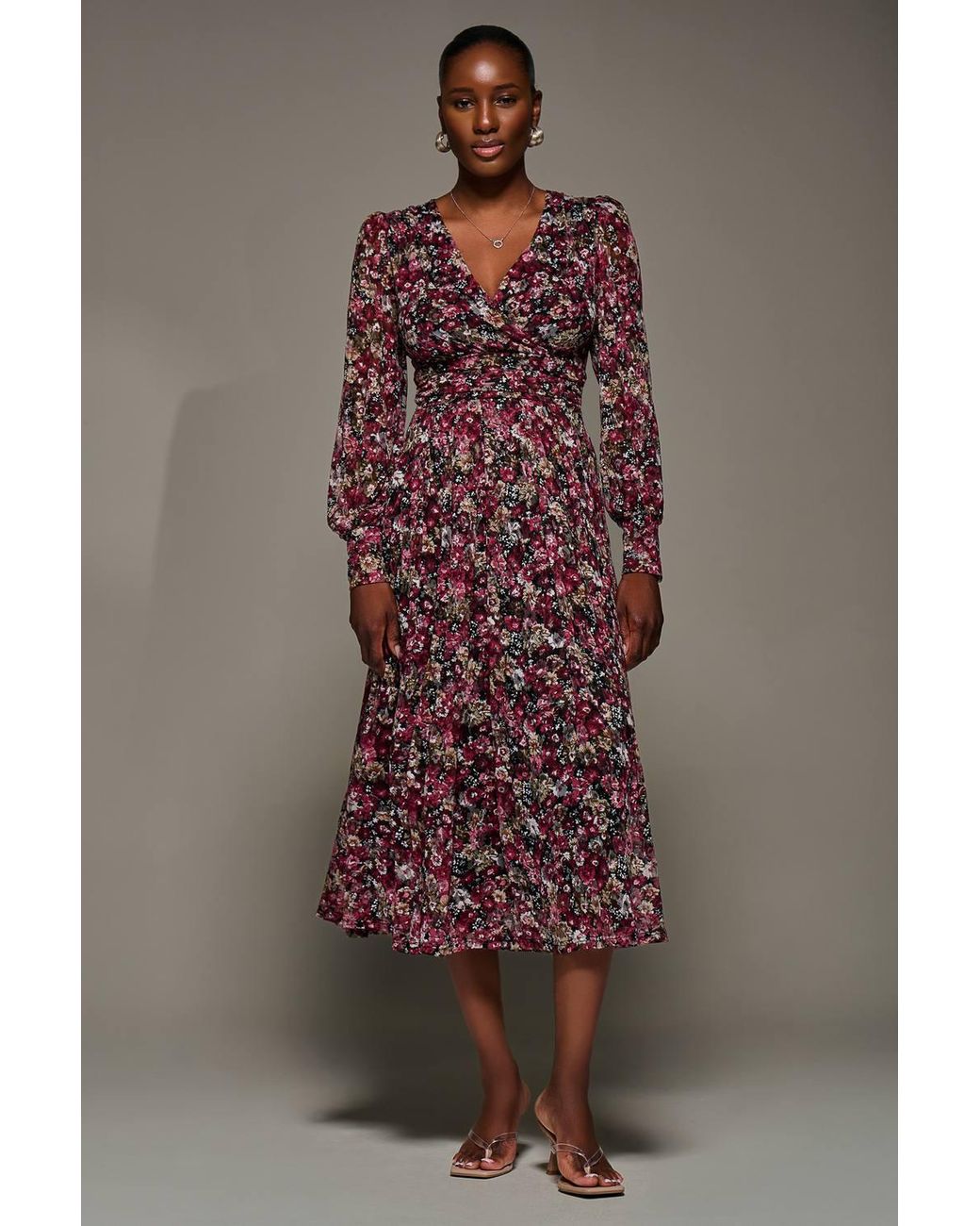 Jolie Moi Brown Long Sleeve Printed Lace Maxi Dress